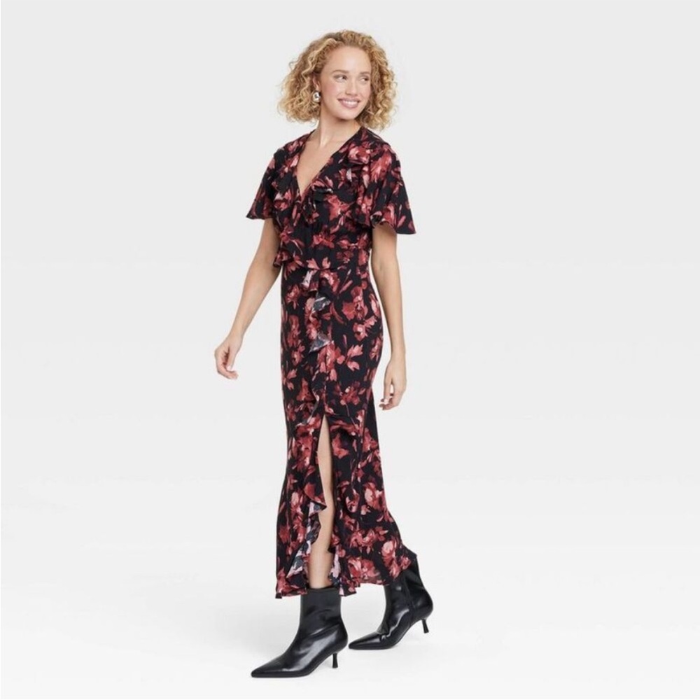 a new day Black and Red Flounce Ruffle Floral Maxi Dress